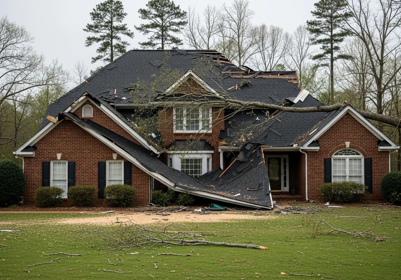 North Carolina red-brick two-story suburban home with a damaged asphalt-shingle roof — large sections of three-tab shingles torn loose and lifted, ridge cap shingles partially missing, downed oak tree branch lying across part of the roofline