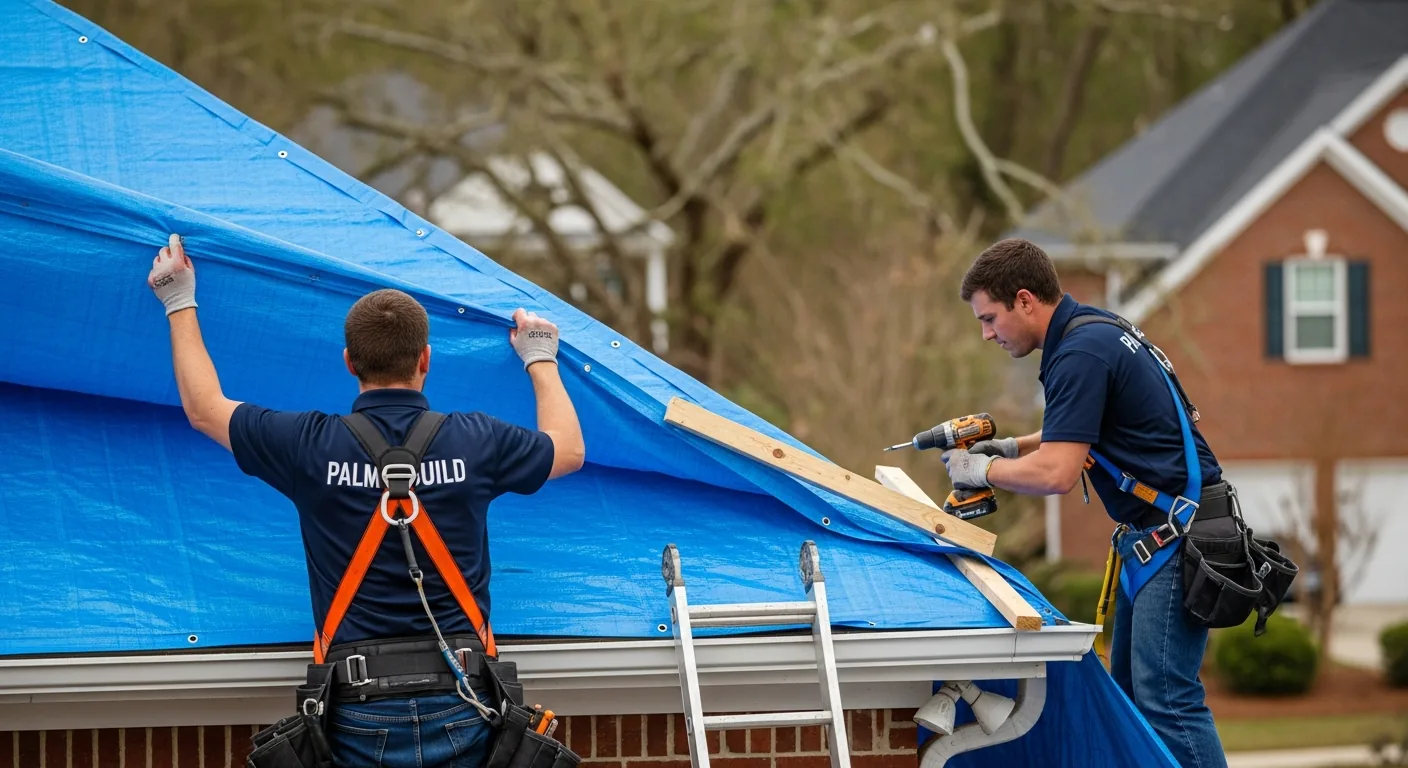 Mid-action photograph of two Palm Build restoration technicians in navy embroidered polos installing a heavy-duty bright blue emergency tarp across the wind-damaged roof of a North Carolina red-brick two-story home, both wearing safety harnesses and gloves, one steadying the tarp while the other secures a 2x4 wooden batten along the edge, aluminum ladder propped against the gutter, suburban Carolina neighborhood with mature oak trees in the background