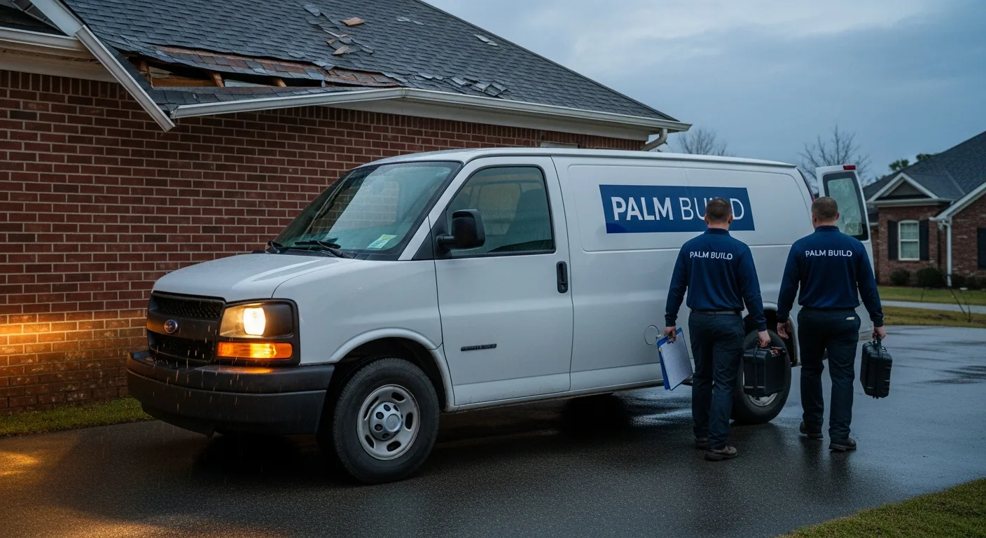 Dusk exterior photograph of a clean white Palm Build branded service van pulling up to a storm-damaged Carolina red-brick suburban home, broken gutter hanging loose and several missing roof shingles visible, two technicians in navy embroidered polos stepping out of the van with tool cases and clipboards, headlights on, dusk sky in muted blues and oranges, wet driveway from recent rain