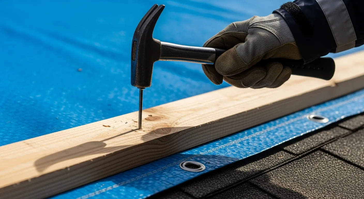 Tight close-up photograph of a gloved hand using a hammer to drive a ring-shank nail through a 2x4 wooden batten that pins the folded edge of a heavy-duty bright blue emergency roof tarp onto an asphalt-shingle roof, water-resistant outerwear cuff visible, blue tarp grommet visible, sharp focus on the nail and batten