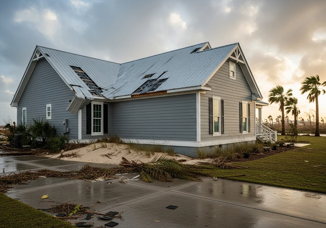 South Carolina coastal home with gray cement-board siding, white trim, and a standing-seam metal roof showing wind-damaged sections — bent metal panels, popped fasteners, palmetto fronds and salt-grass debris around the foundation