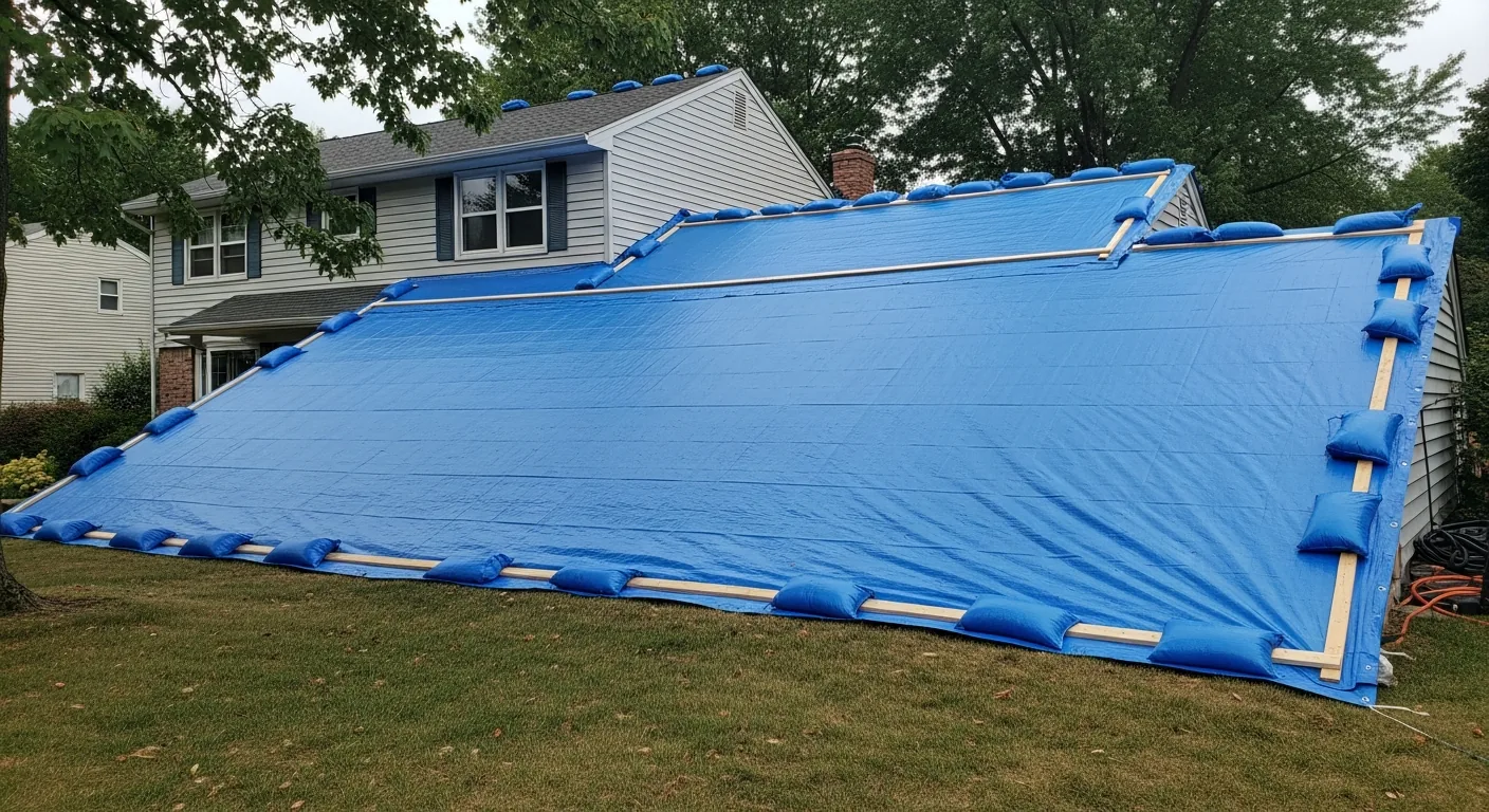 Wide ground-level photograph of a completed professional emergency roof tarp installation on a residential asphalt-shingle roof — the bright blue heavy-duty tarp is taut and clean, extends well past the damaged area on all sides, secured by visible 2x4 wooden battens running along all four edges, sandbags weighting the corners, no wrinkles or sagging, suburban two-story home with light siding and mature trees framing the shot