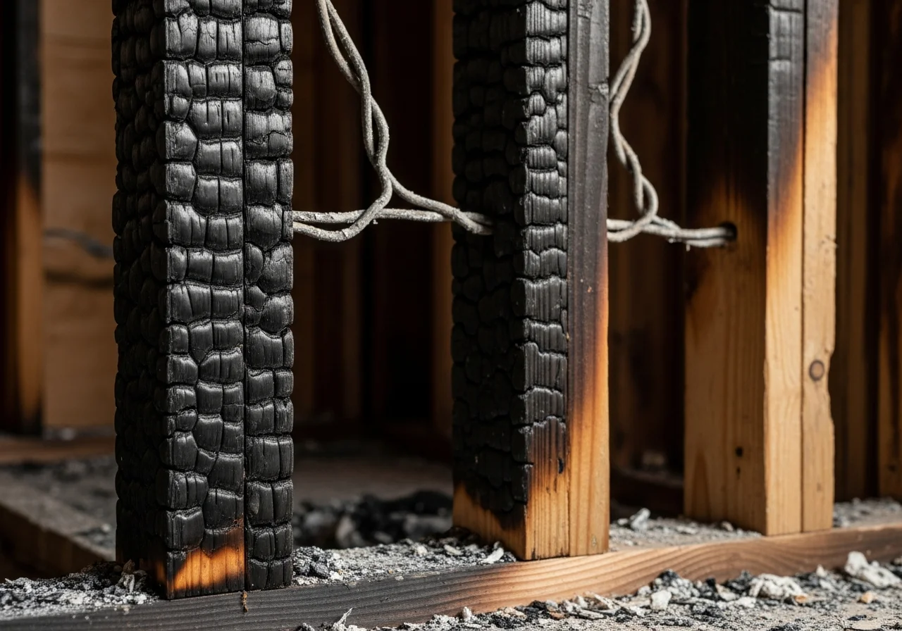 Close-up of fire-charred wall studs showing alligator char patterns and progressive severity levels from heavy charring to light smoke staining