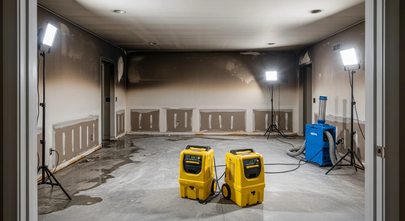 Industrial dehumidifiers and air scrubbers running inside a fire-damaged living room during the water extraction and drying phase of restoration