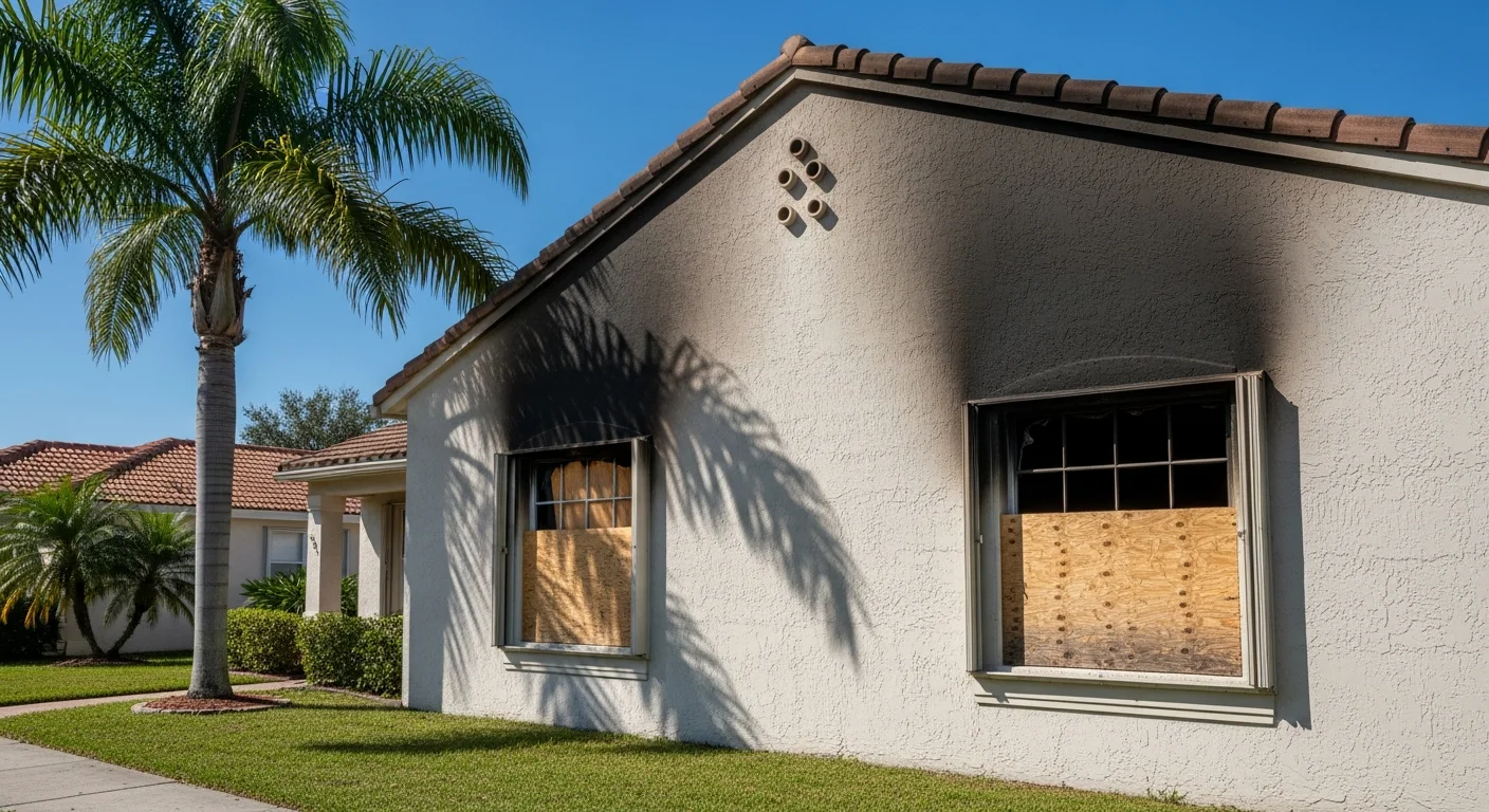 Exterior of a Florida stucco home showing smoke staining above windows and a boarded-up entrance after a residential fire, with palm trees in the background