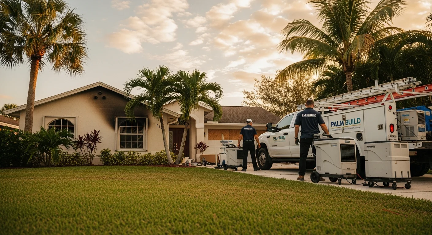 Palm Build restoration crew arriving at a fire-damaged Florida home at dawn with commercial equipment and branded truck