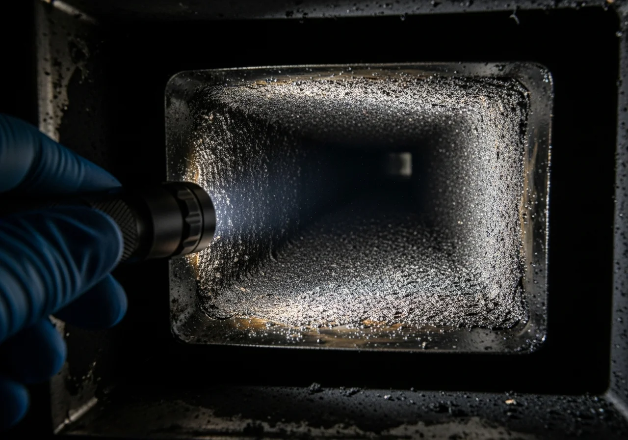 Close-up inspection inside a residential HVAC duct showing thick soot residue and smoke film coating the interior metal surfaces after a house fire