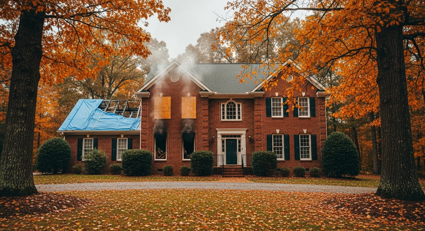 North Carolina brick colonial home showing fire damage with boarded window, smoke staining on facade, and blue tarp covering damaged roof section, surrounded by autumn oak trees