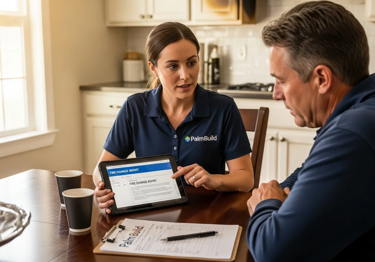 Palm Build team member reviewing fire damage scope documentation with a homeowner at a kitchen table, showing damage report on tablet