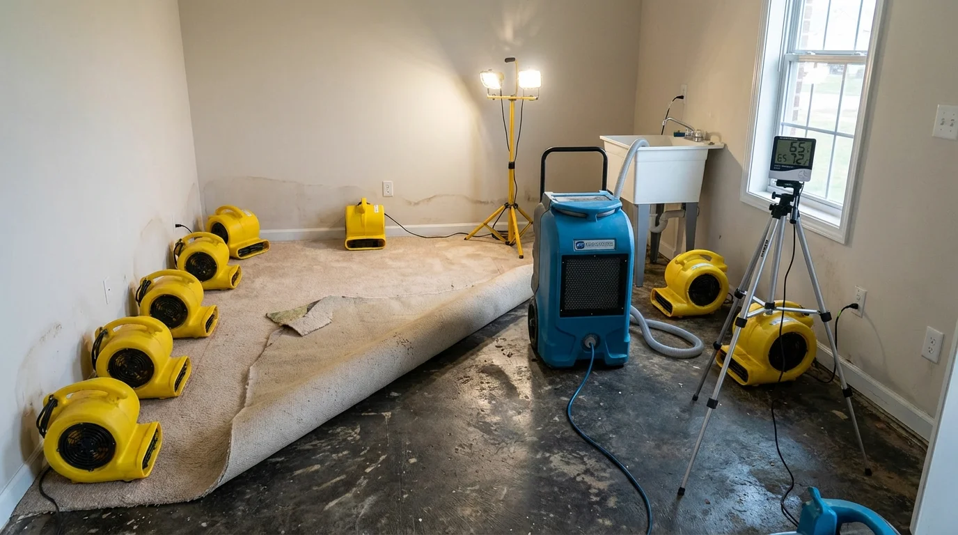 Professional drying setup in a water-damaged room with yellow air movers along baseboards and a commercial dehumidifier running in the center