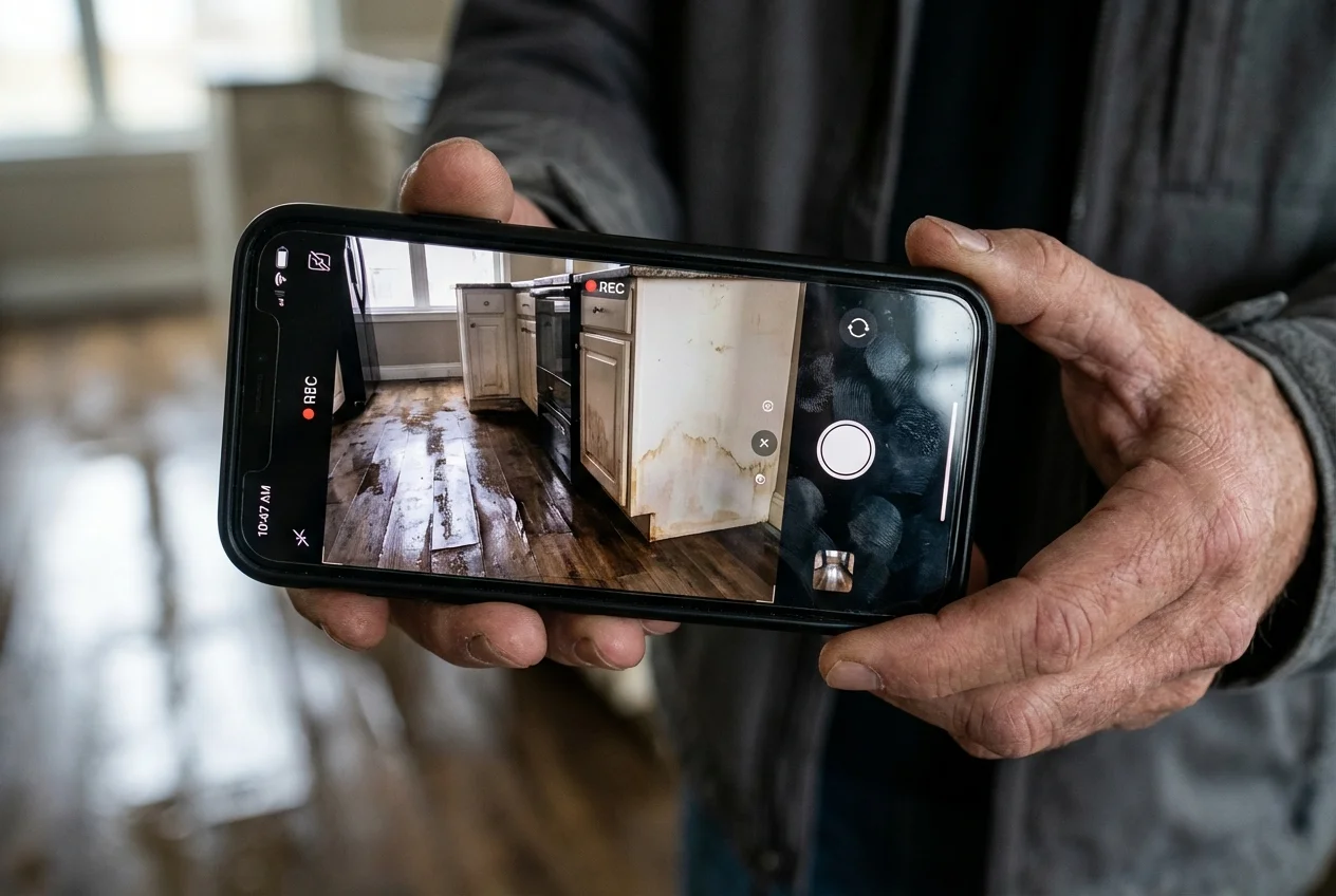 Person using a smartphone to photograph water damage on kitchen floor and lower cabinets for insurance documentation purposes