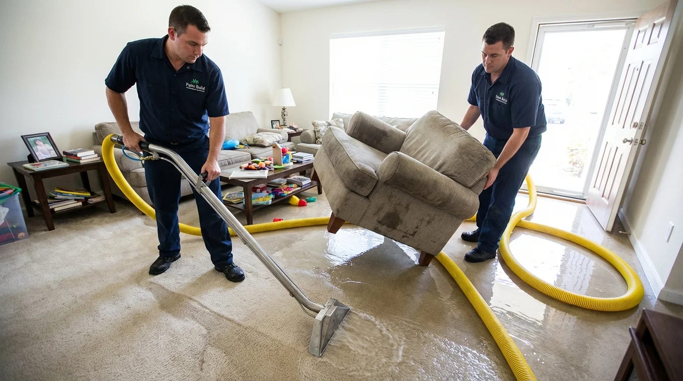 Professional restoration crew using truck-mounted extraction equipment to remove standing water from a flooded residential living room
