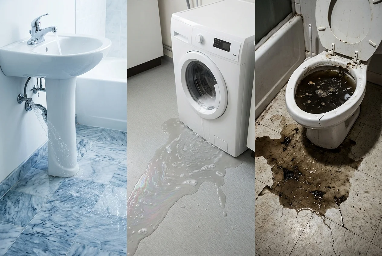 Visual comparison of three water contamination categories showing clean water, gray water, and black water in a residential setting