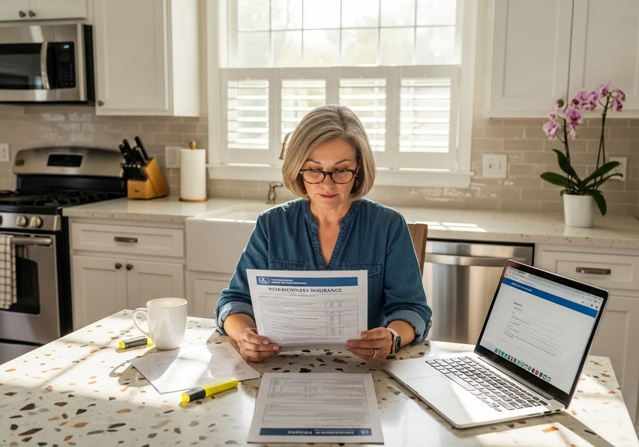 Florida homeowner in mid-50s with reading glasses sitting at a sunlit kitchen table with terrazzo countertop, intently reviewing an open homeowners insurance declarations page, a laptop and yellow highlighter on the table