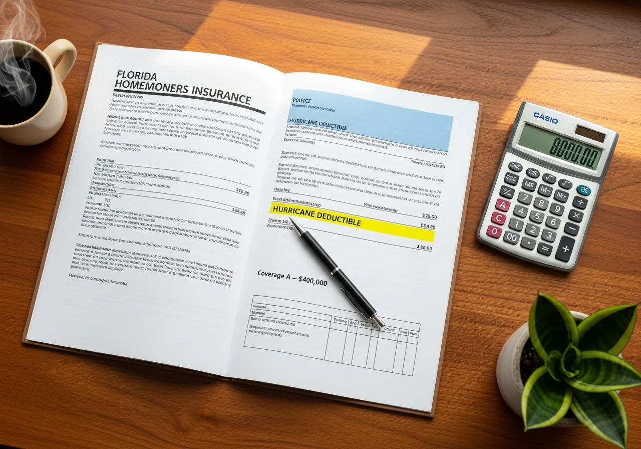 Top-down close-up of an open Florida homeowners insurance declarations page with the hurricane deductible line highlighted in yellow, a black ballpoint pen across the page, a silver Casio calculator displaying 8000.00, and a printed coverage table reading Coverage A 400000