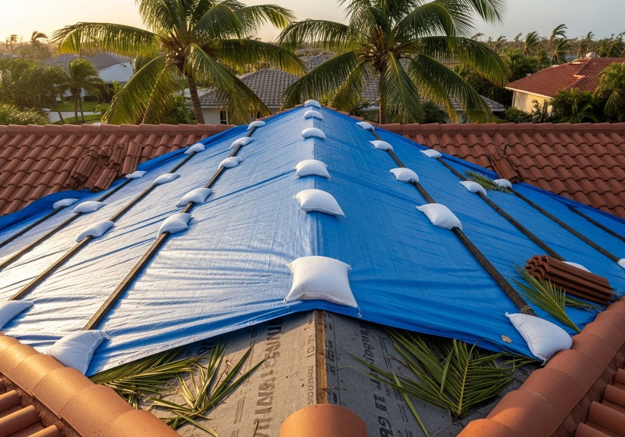 Close-up of a blue tarp emergency cover stretched and secured over a damaged section of a Florida home's terracotta tile roof, with sandbags and battens, missing ridge cap tiles exposing underlayment, palm trees framing the background