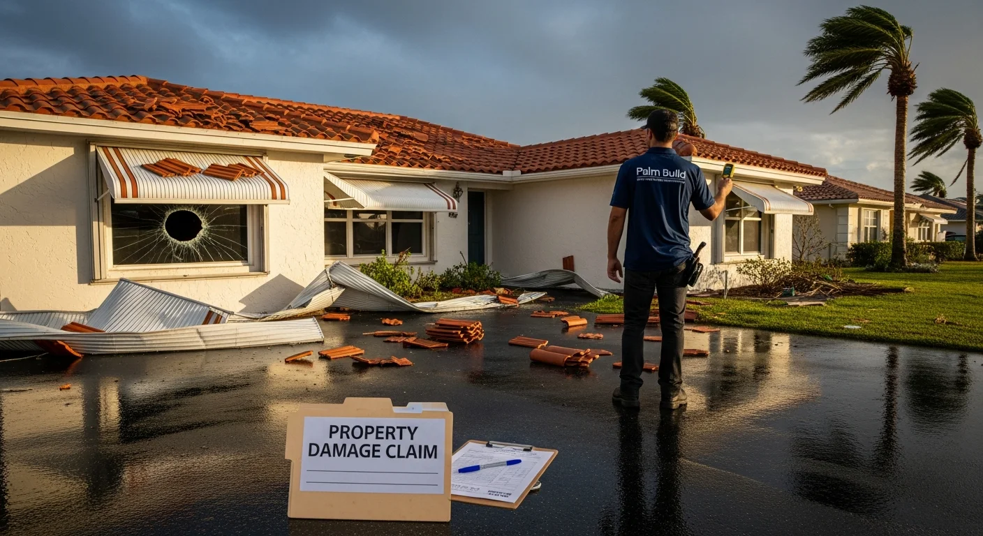 Wide shot of a single-story Florida stucco home with terracotta tile roof showing hurricane damage, a Palm Build technician in a navy polo holding a moisture meter in mid-frame, and a manila property damage claim folder on the wet driveway in the foreground