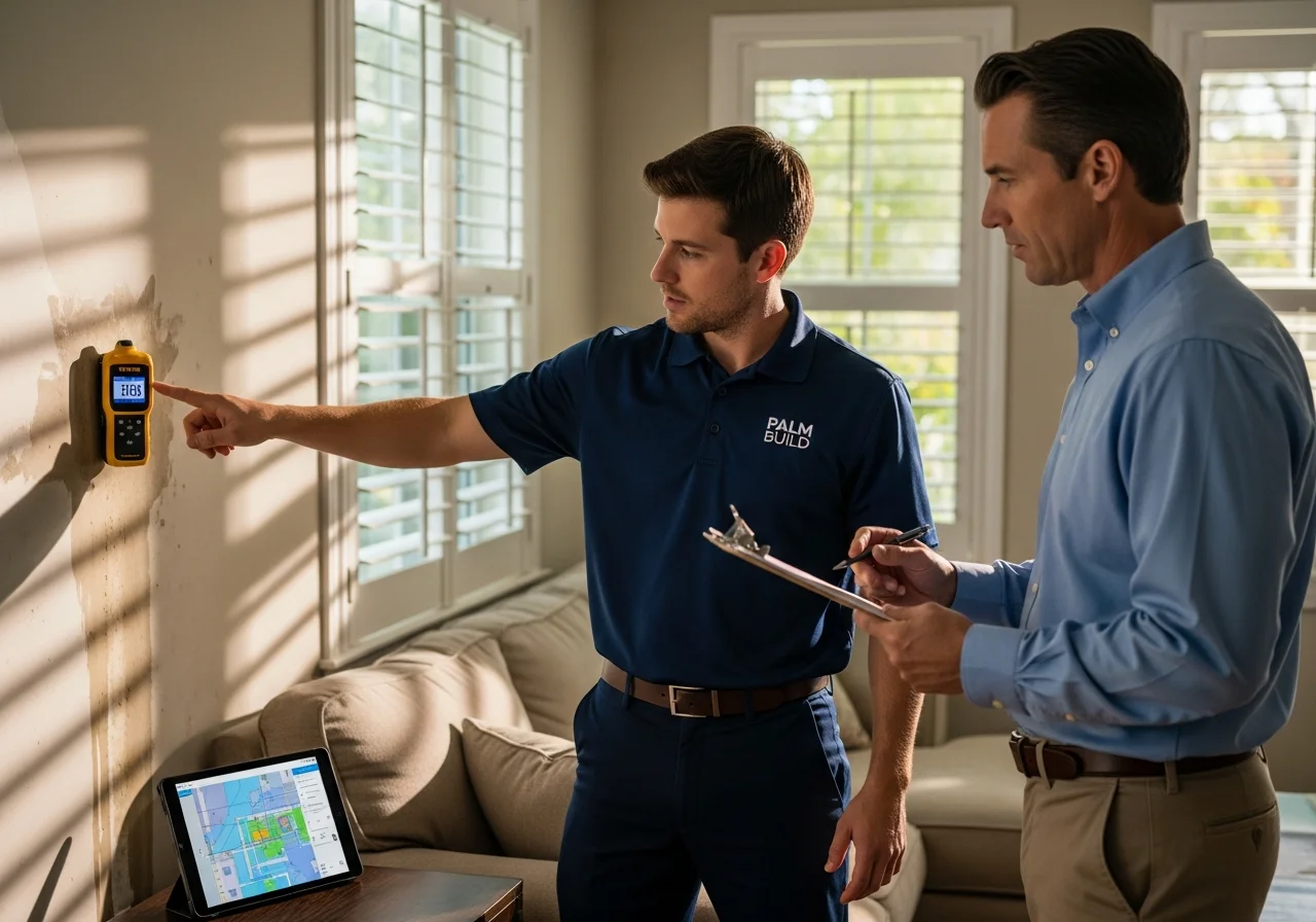Palm Build technician in a navy embroidered polo walking an insurance adjuster with a clipboard through a damaged Florida living room, pointing to wet drywall behind a pulled-back couch while holding a yellow Tramex moisture meter against the wall