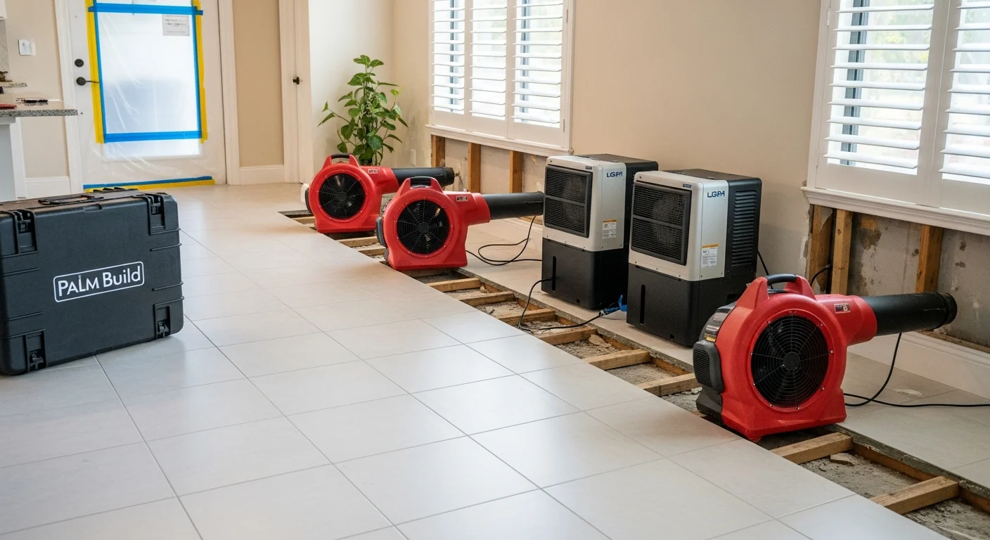 Three industrial red air movers and two LGR dehumidifiers running in a Florida home's open living-dining space, branded Palm Build equipment case in frame, four-foot flood-cut drywall and exposed studs visible