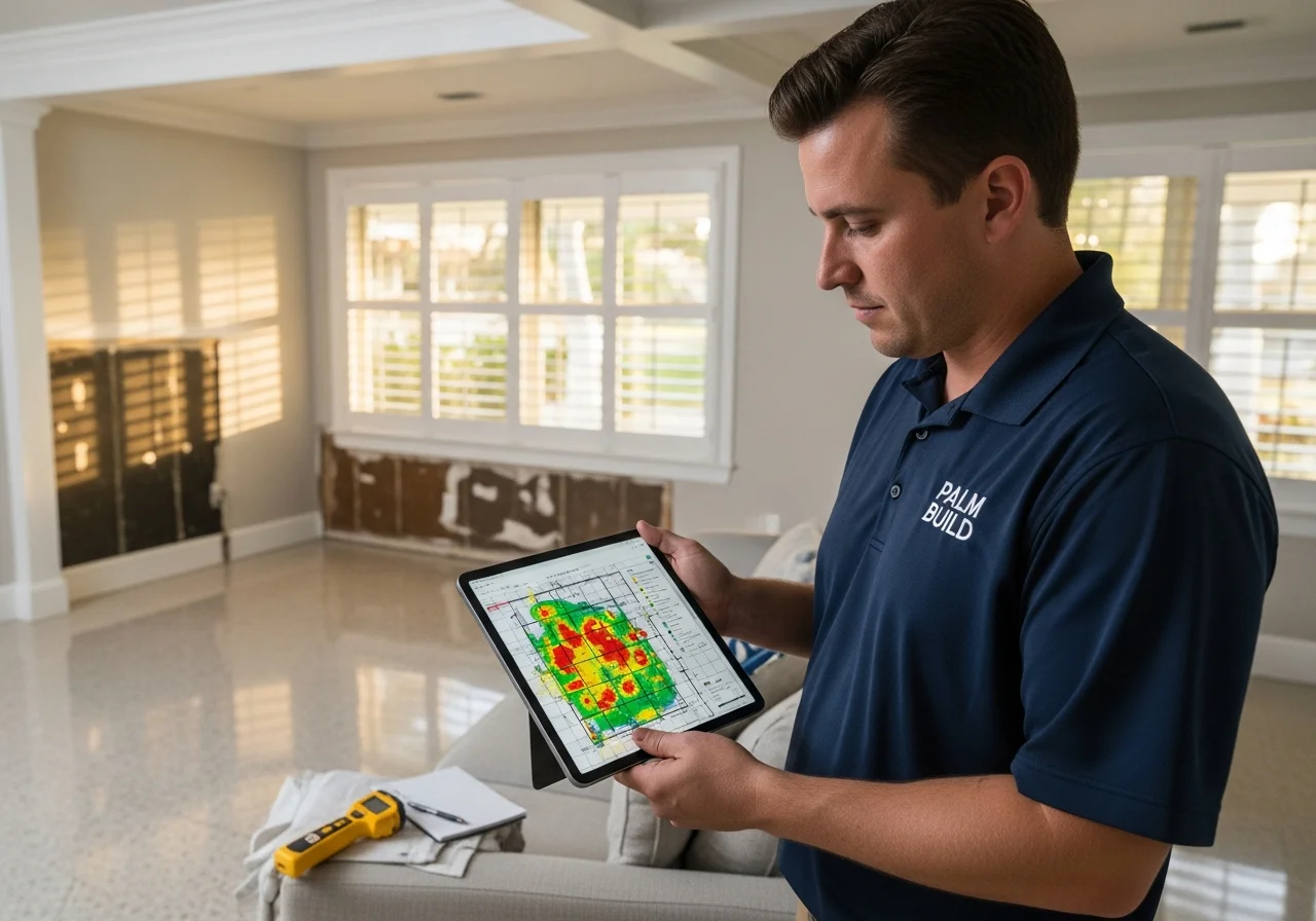 Palm Build technician in a navy embroidered polo holding a 12.9-inch iPad displaying a moisture map grid over a floor plan, documenting wet drywall in a Florida living room with terrazzo flooring and shutter windows
