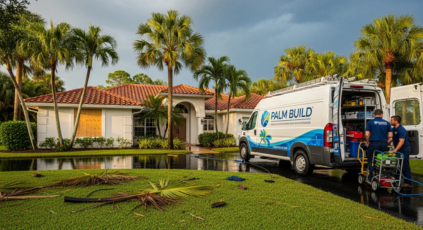 White Palm Build branded service van parked in front of a single-story Florida stucco home with terracotta tile roof, palm fronds and storm debris on the lawn, two technicians in navy polos unloading extraction equipment from the rear