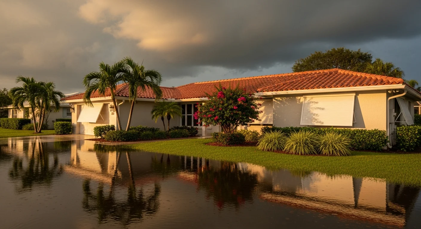 Florida single-story stucco home with accordion storm shutters and standing water in the driveway after heavy rain, dramatic storm clouds breaking overhead