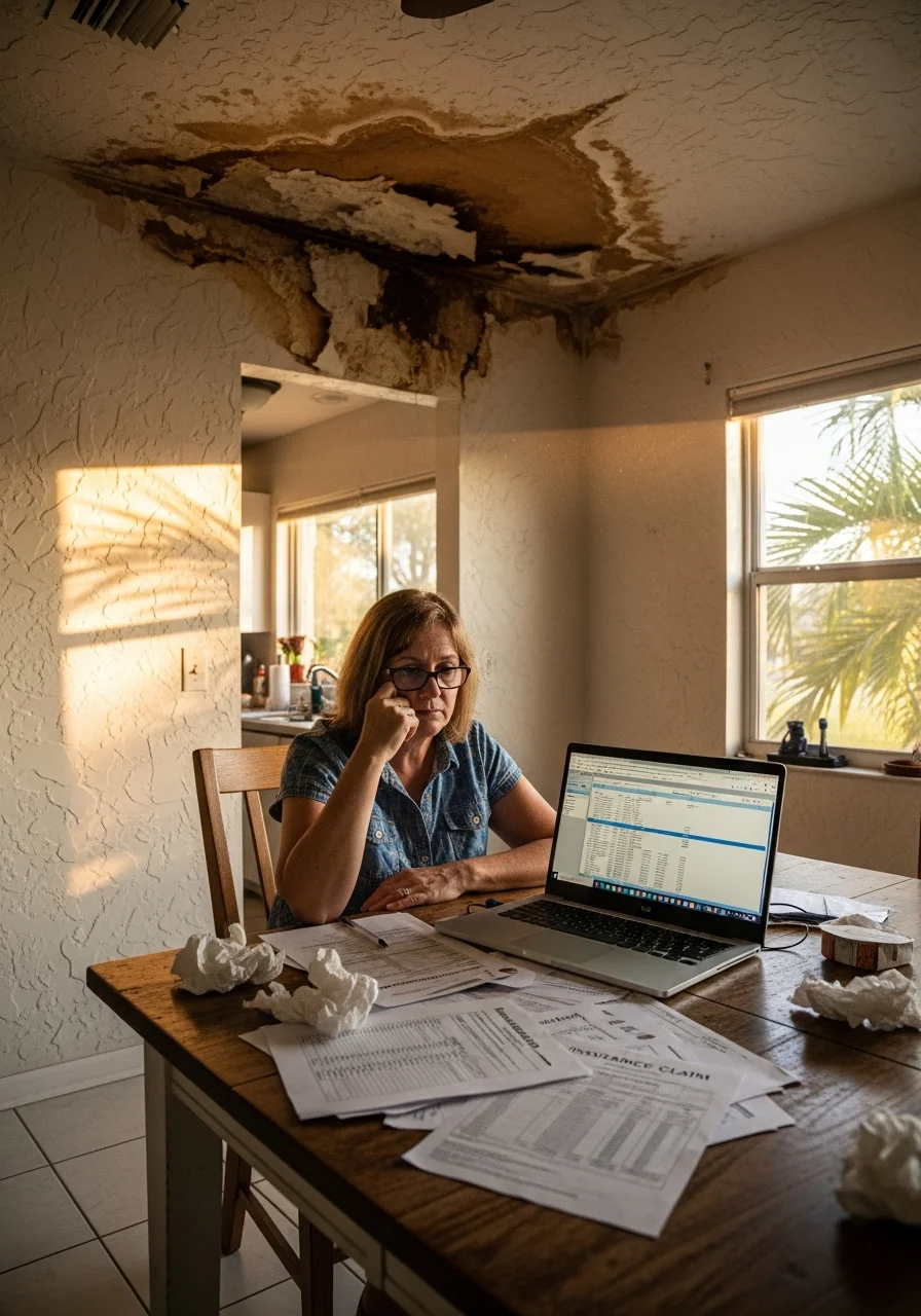 Florida homeowner reviewing insurance claim paperwork at kitchen table with water stain visible on ceiling above her