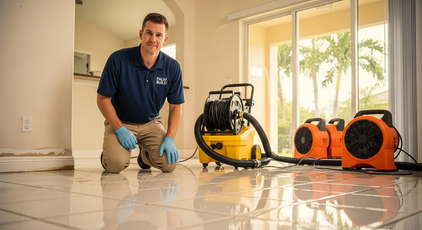 Palm Build restoration technician assessing standing water damage in a Florida living room after a burst pipe