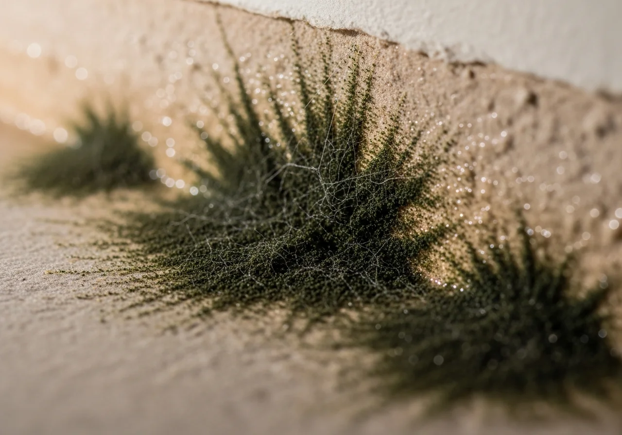 Close-up macro photograph of dark mold colonies beginning to grow on wet drywall paper behind a removed baseboard in a Florida home