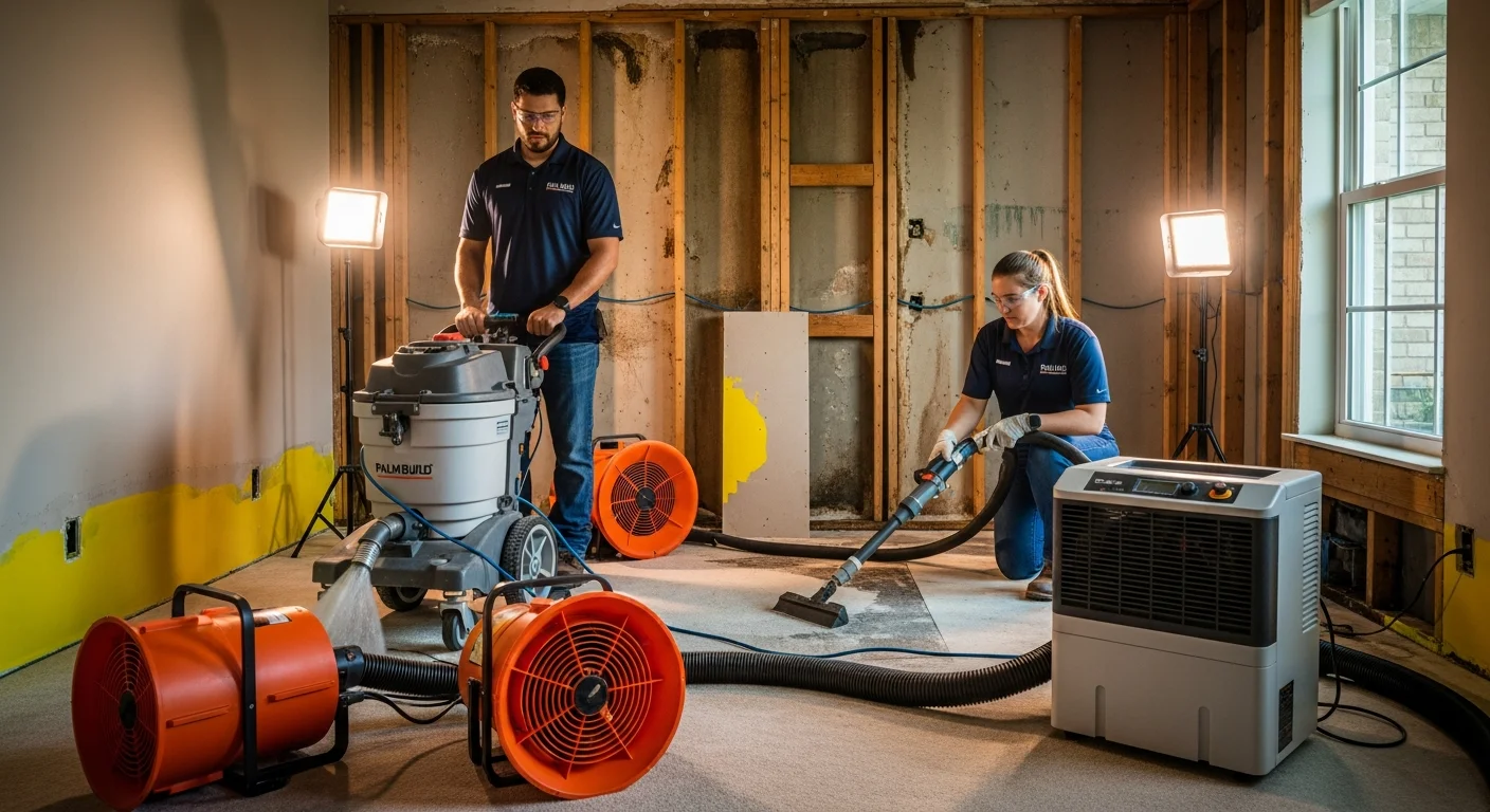 Two Palm Build restoration technicians in branded polo shirts operating a large commercial dehumidifier and air movers in a water-damaged Florida home with partial drywall removal