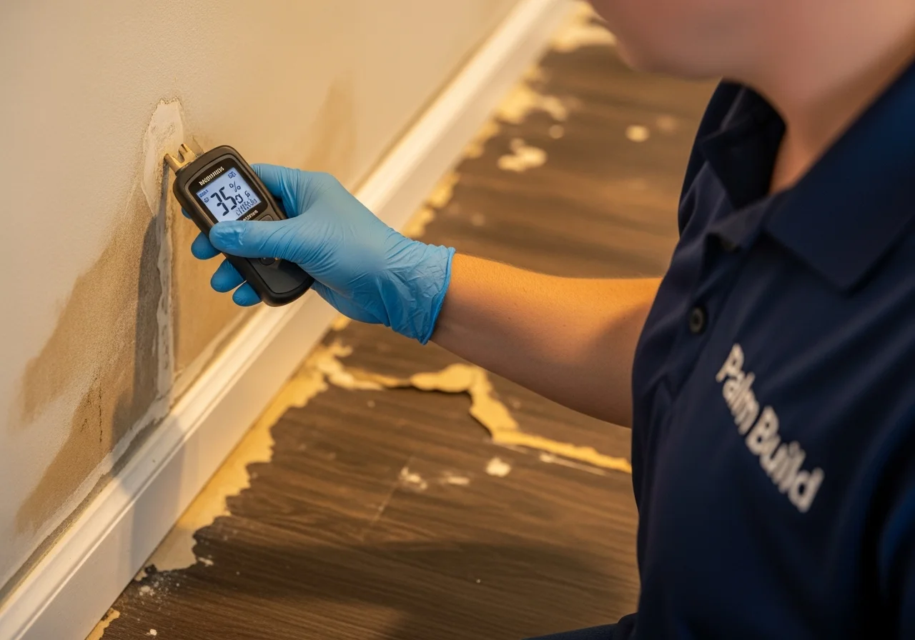 Palm Build technician in branded polo shirt using a Protimeter moisture meter on water-damaged drywall baseboard, blue nitrile gloves, warped laminate flooring visible