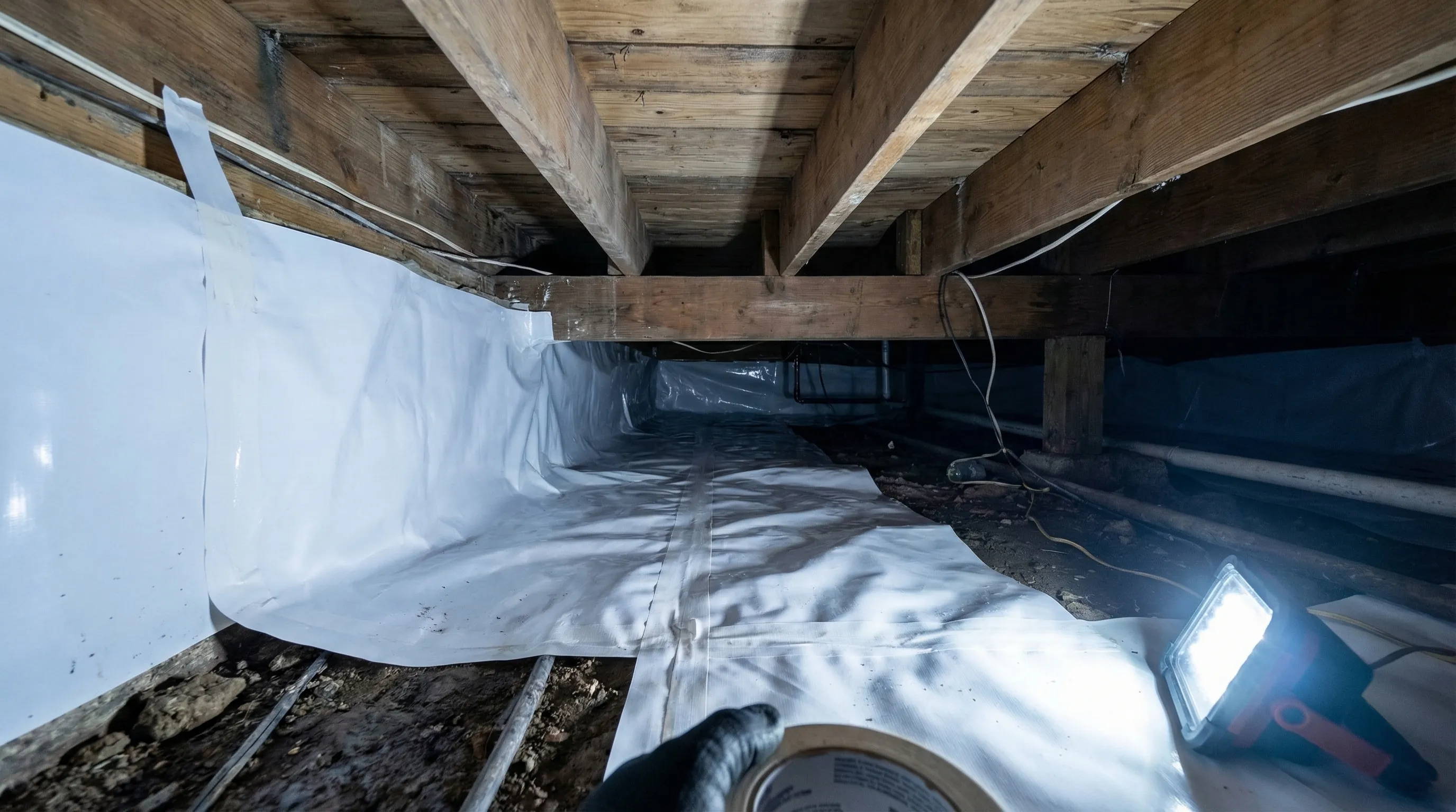 Residential crawl space with a professional vapor barrier being installed over bare soil with floor joists visible above