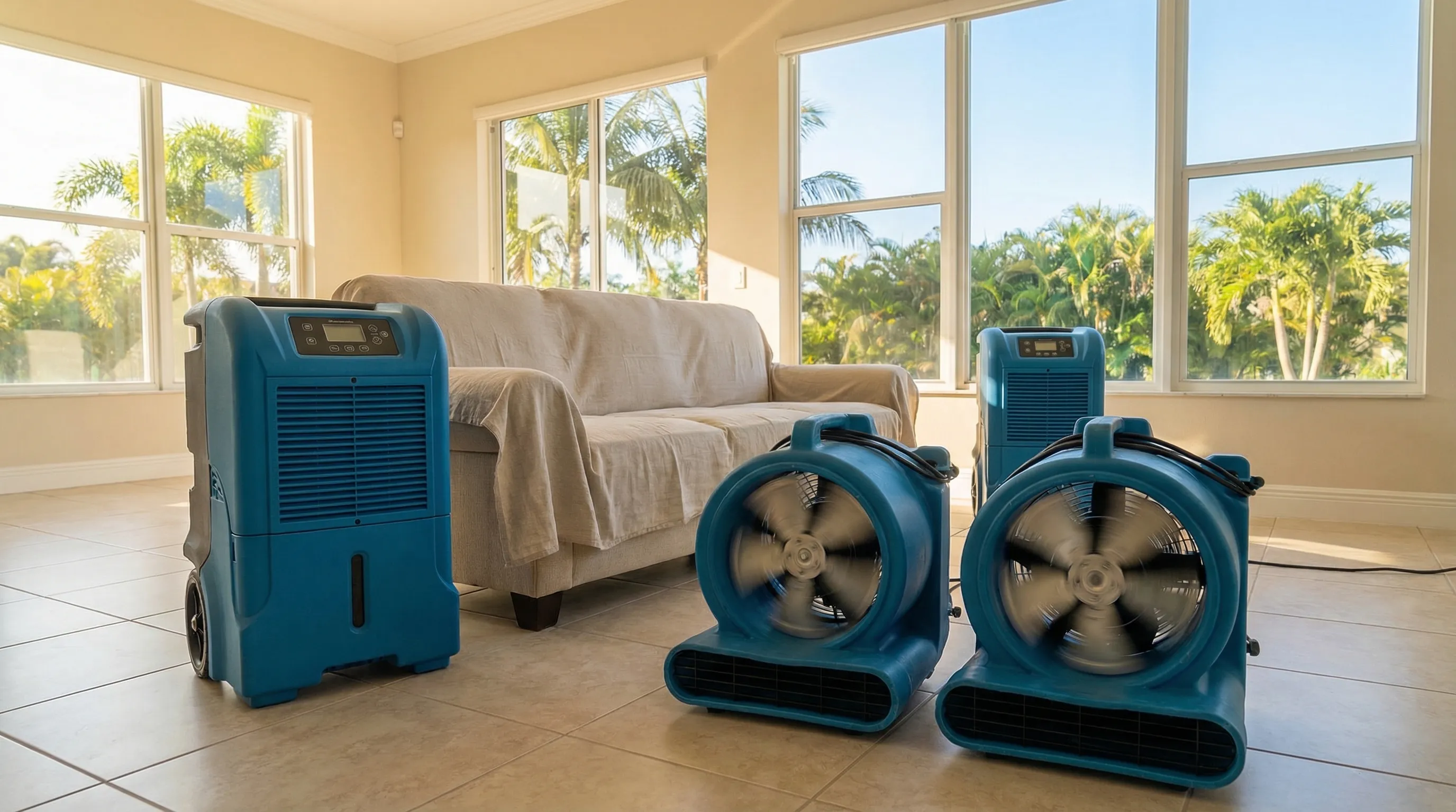 Commercial dehumidifier and air mover equipment running inside a Florida home living room during water damage restoration