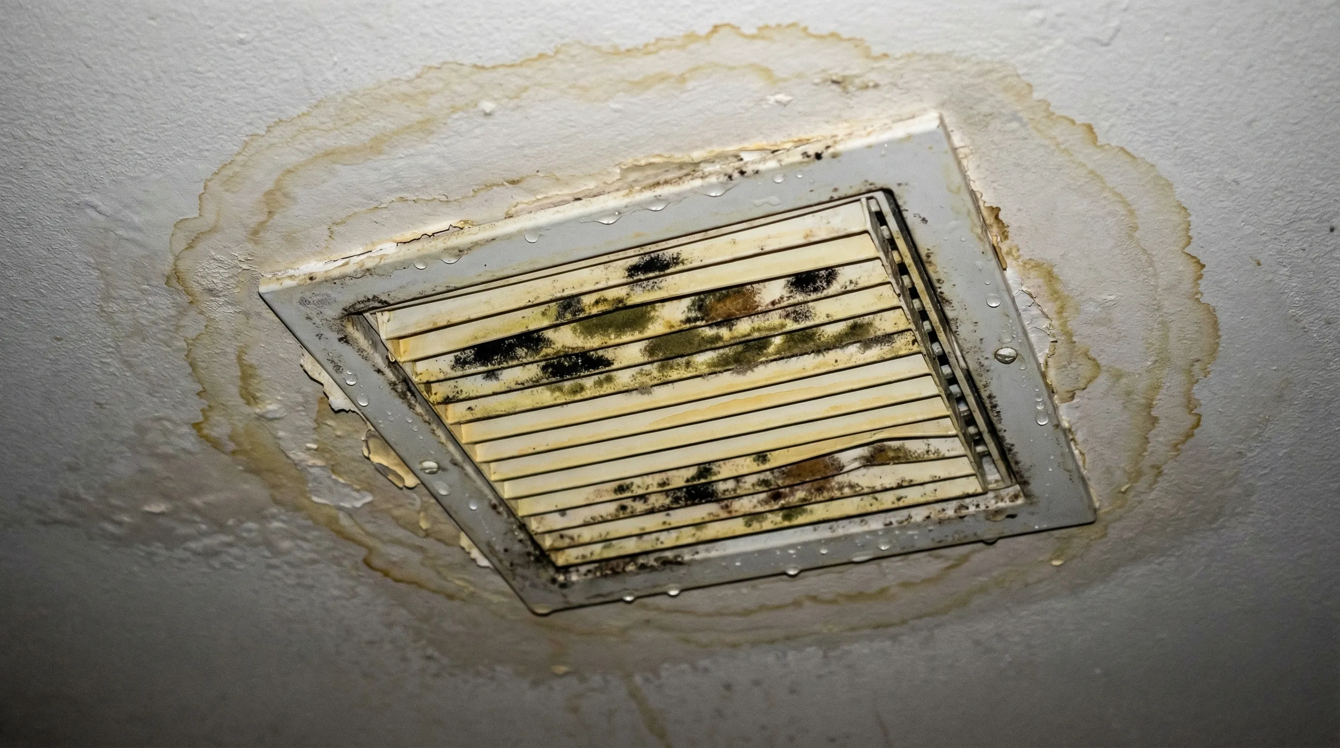 Dark mold growth visible on a residential air conditioning ceiling vent and surrounding drywall from condensation