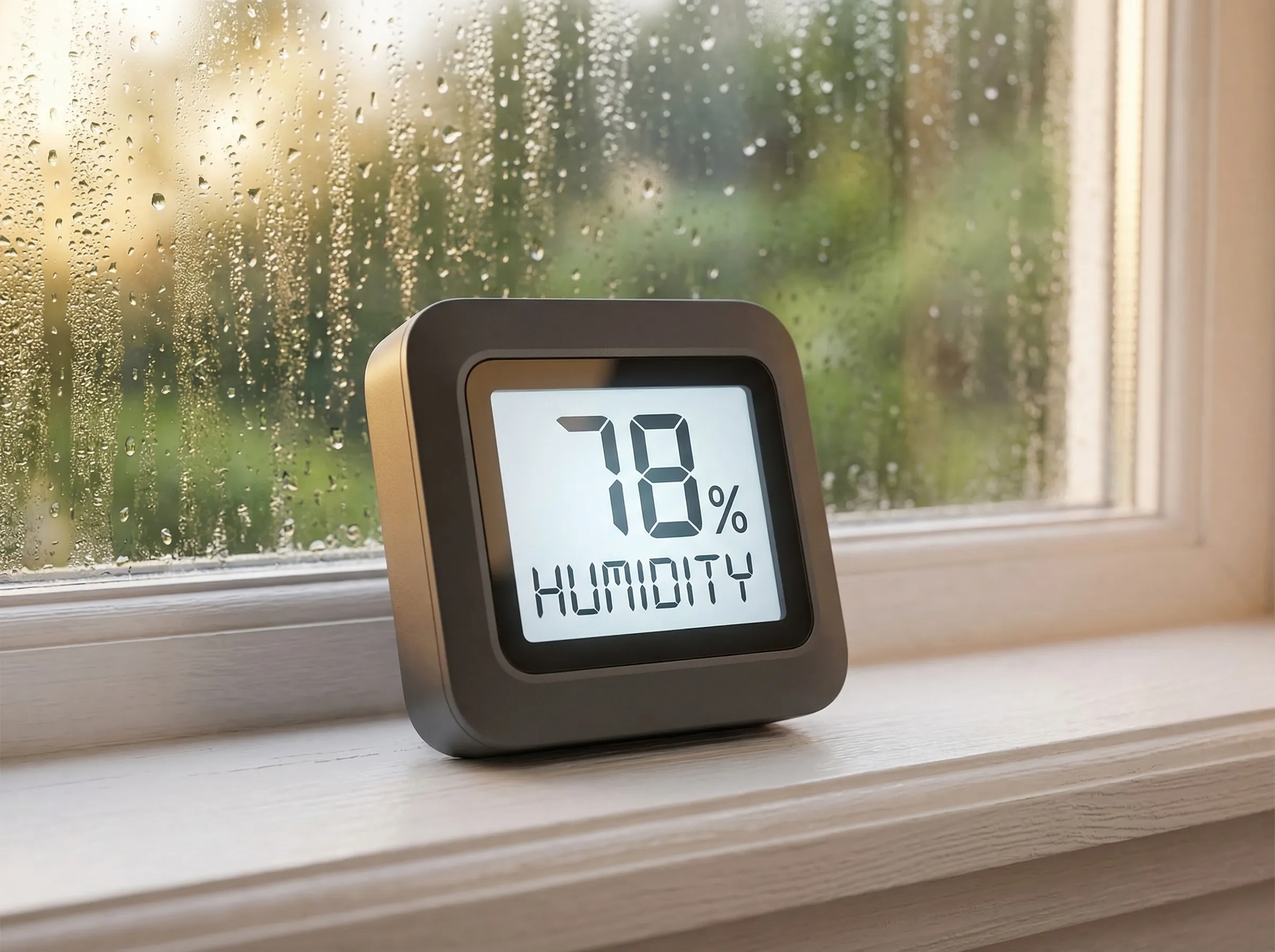 Close-up of a digital hygrometer showing high humidity reading inside a Florida home with condensation visible on the window behind it