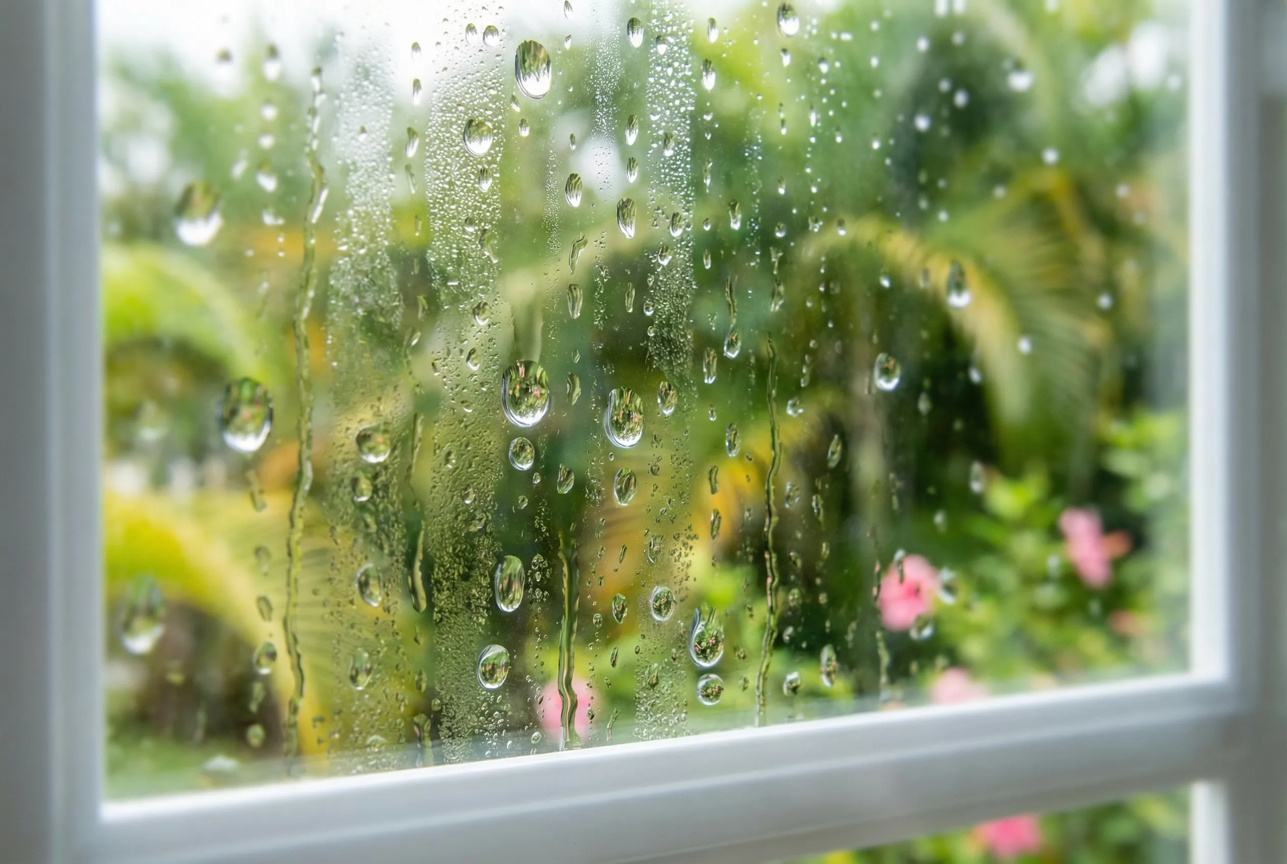 Heavy condensation droplets covering the interior surface of a window in an air-conditioned Florida home