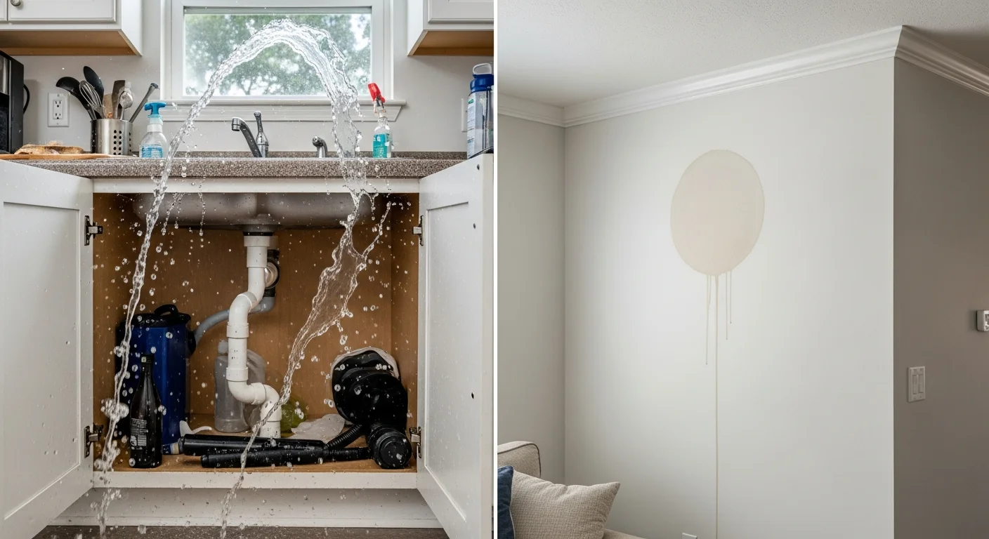 Split-frame photo with a sudden burst pipe spraying water under a Florida kitchen sink on the left and a slow brown ceiling water stain on white drywall on the right