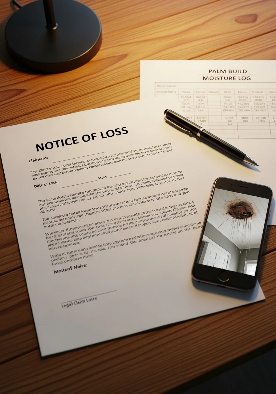 Top-down photo of a printed Notice of Loss letter on a wooden desk alongside a Palm Build moisture log printout and a smartphone showing a water damage photo