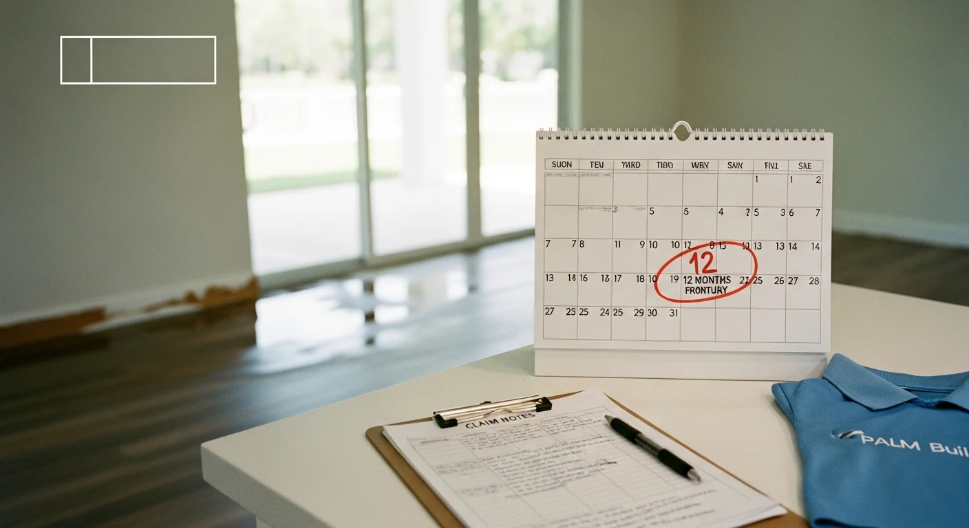 Florida home interior with water-damaged baseboards in the background and a wall calendar with a red-circled date 12 months out alongside a clipboard of claim notes on a kitchen countertop