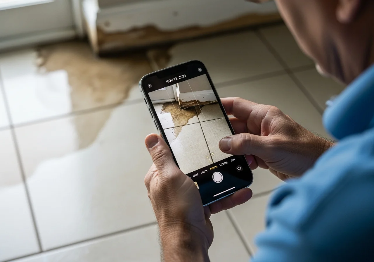 Florida homeowner photographing a wet baseboard with a smartphone, the phone screen showing the in-progress photo with a visible date and time stamp
