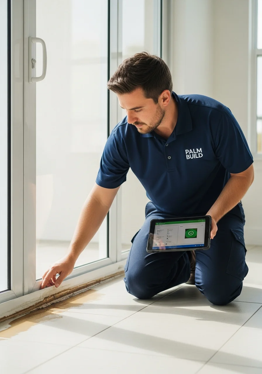 Palm Build technician in a navy branded polo kneeling on Florida tile flooring next to a water-stained baseboard, holding a tablet displaying moisture readings
