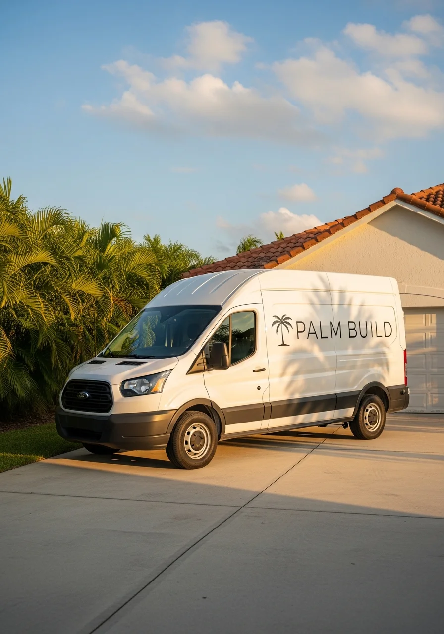 White Palm Build branded service van parked in a Florida residential driveway with palmetto palms and a tile-roof stucco home in late afternoon golden hour light
