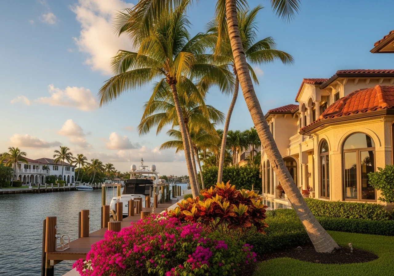 Las Olas Isles canal-front luxury home in Fort Lauderdale FL with a dock and boat, palm trees, and Intracoastal Waterway visible, illustrating direct canal flood exposure
