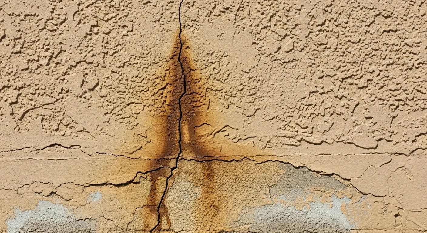 Close-up of a Fort Lauderdale FL home's stucco exterior wall showing hairline cracks and water staining where rain has penetrated the wall cavity behind the stucco finish