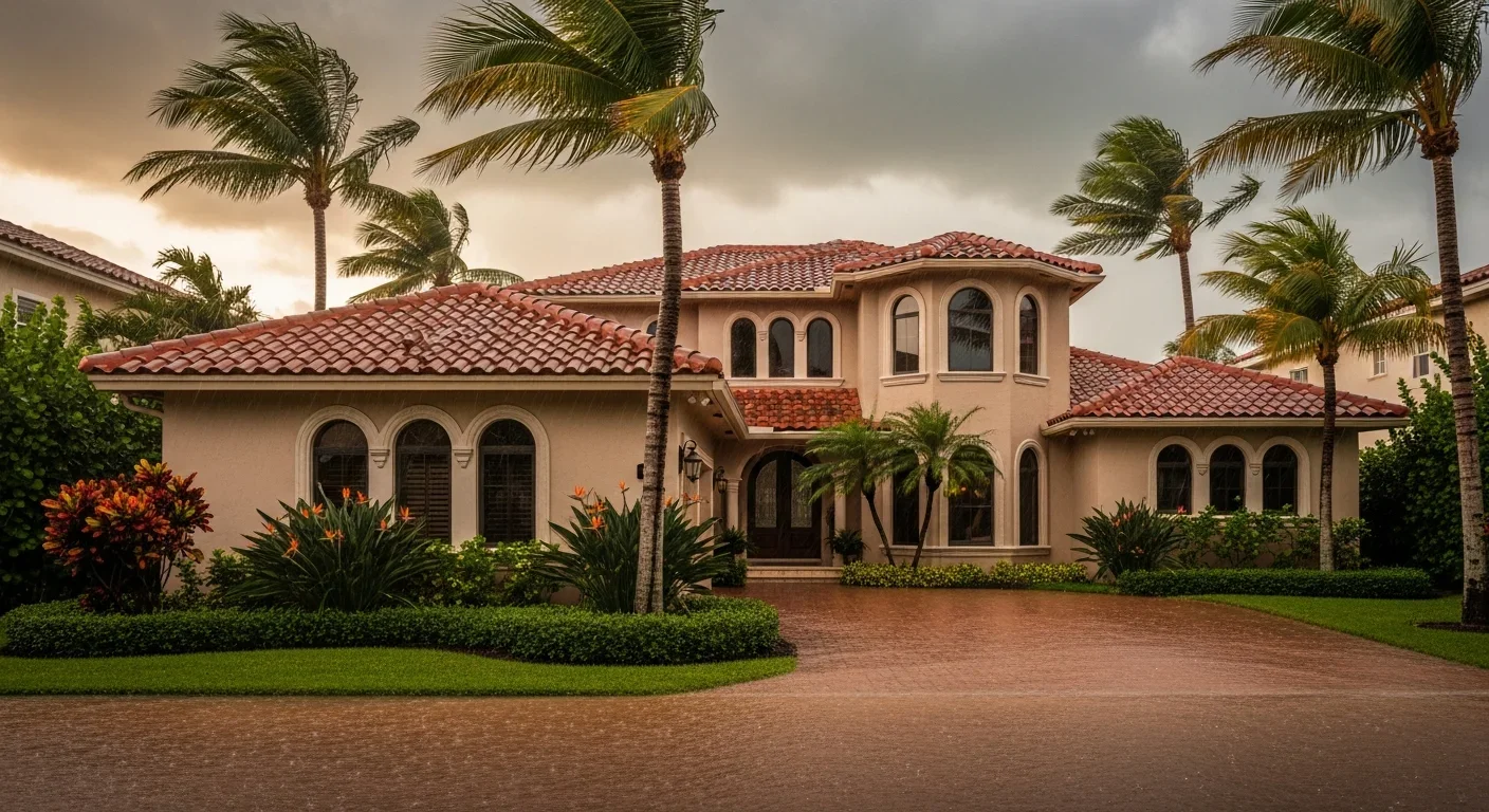 Fort Lauderdale FL Rio Vista canal-front stucco home with palm trees and red tile roof during a heavy rain event with standing water approaching the sliding glass doors