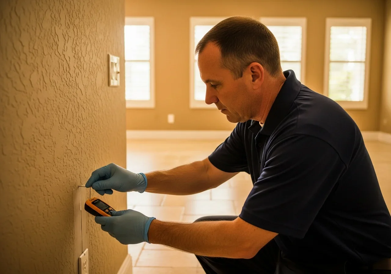 Palm Build restoration technician in a branded polo shirt taking a moisture meter reading on drywall inside a Fort Lauderdale FL home with stucco walls and tile floors visible