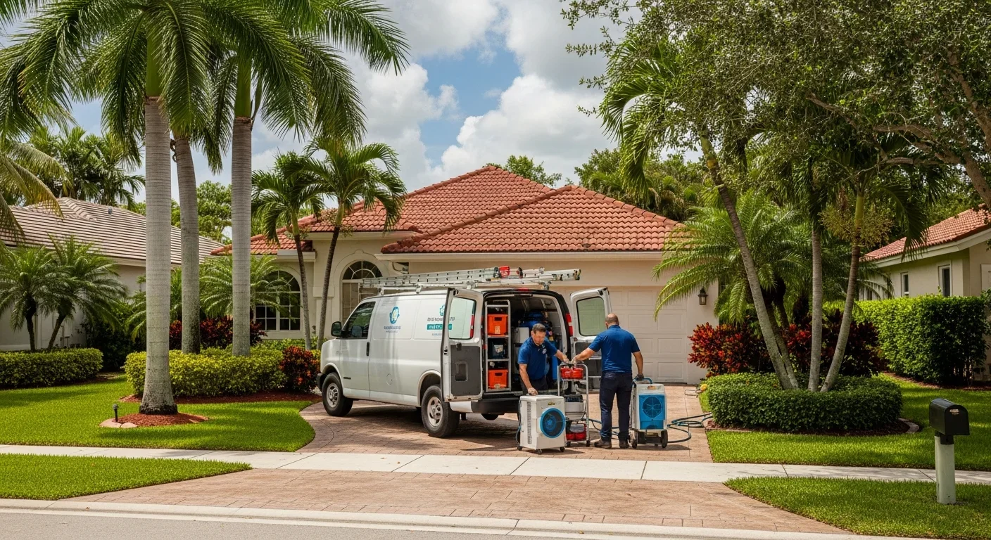 Palm Build restoration work van parked in a Fort Lauderdale FL residential driveway outside a stucco home with palm trees and red tile roof with technicians unloading water extraction equipment