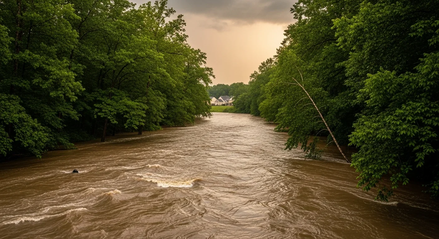 Catawba River running high and muddy after a heavy rain event with wooded banks and the Fort Mill SC suburban edge visible in the distance