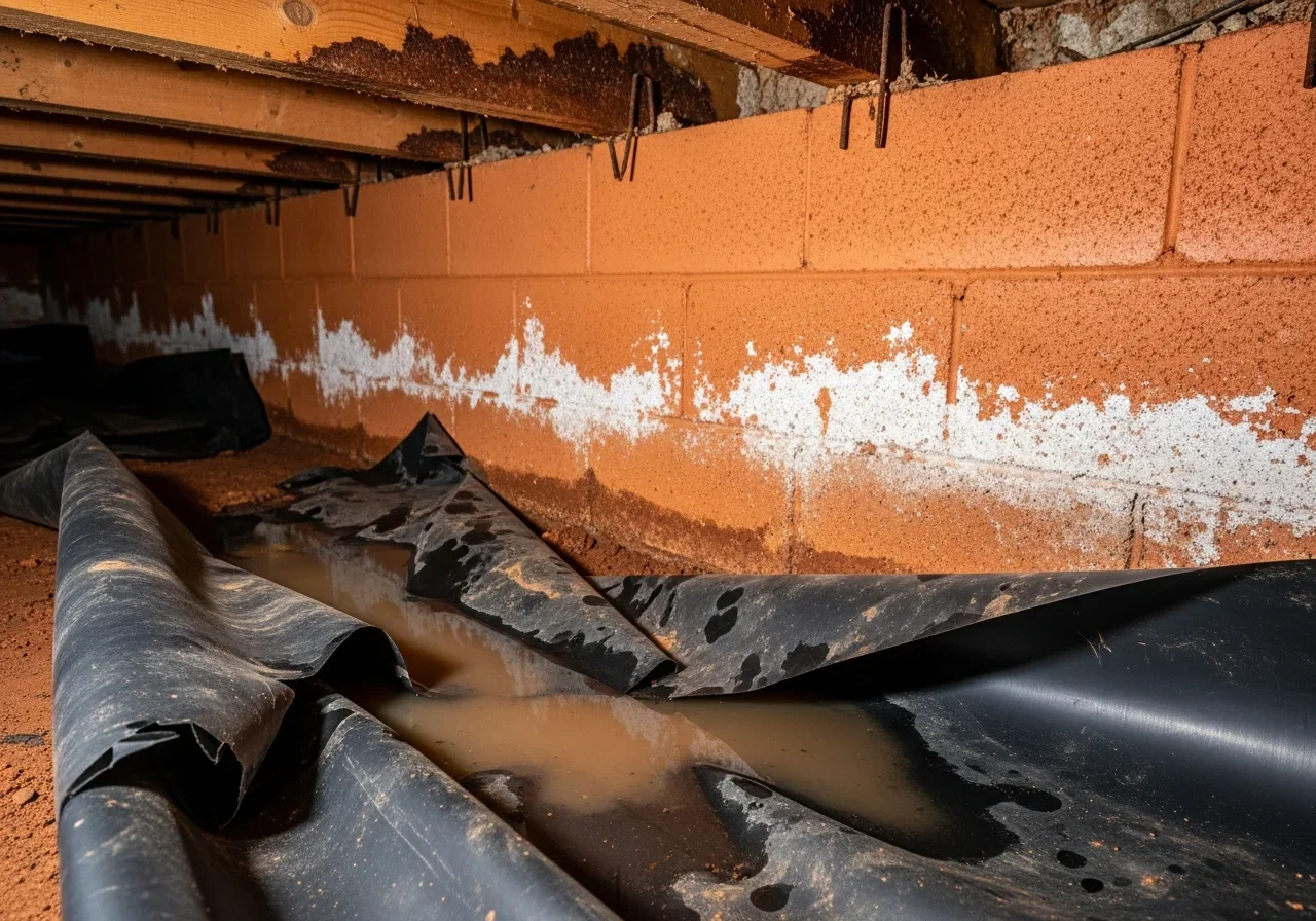 Close-up view of a Fort Mill SC crawl space foundation showing Piedmont red clay soil stains on concrete block and a torn vapor barrier with moisture pooling