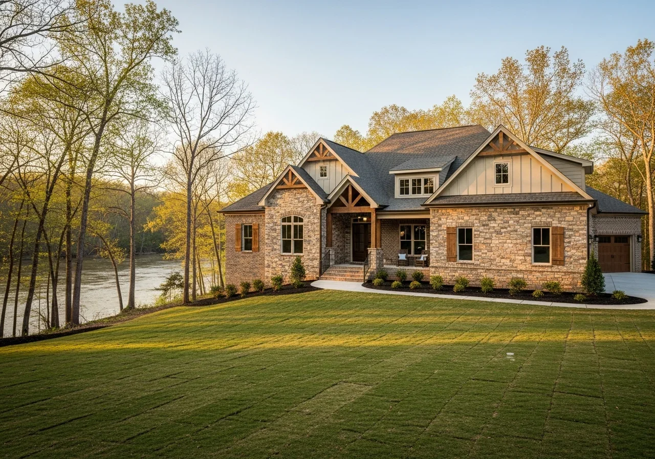 New construction Fort Mill SC stone and brick home at the edge of a wooded lot with the Catawba River visible through trees, illustrating riverfront flood exposure